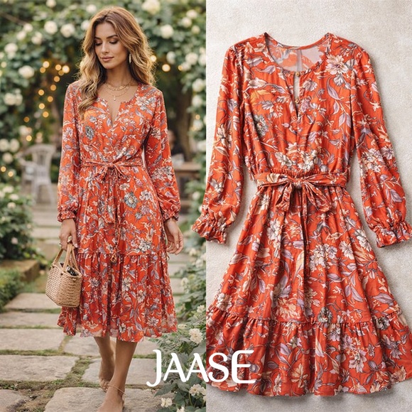 Anthro’s Jaase Boho Floral Rayon Tie Waist Midi Dress Long Sleeve Resort Size S - Picture 8 of 12